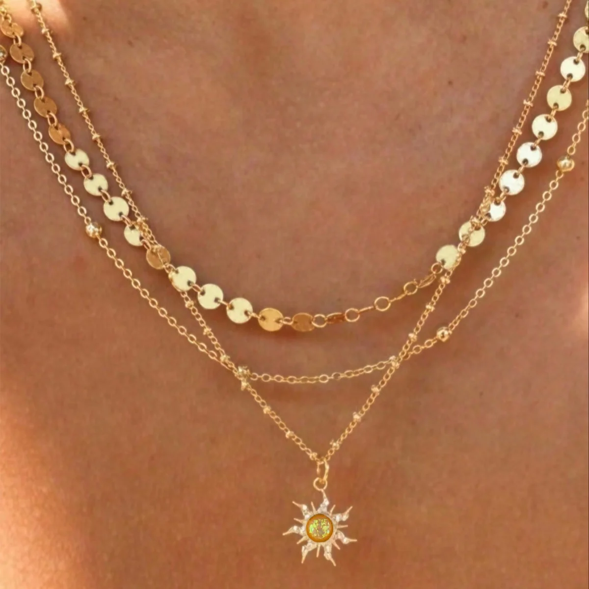 3pcs Delicate Sun Pendant Necklace Set With Disc & Beaded Chain, Multi-Layer Wearable Necklace For Women, Daily Fashion Jewelry