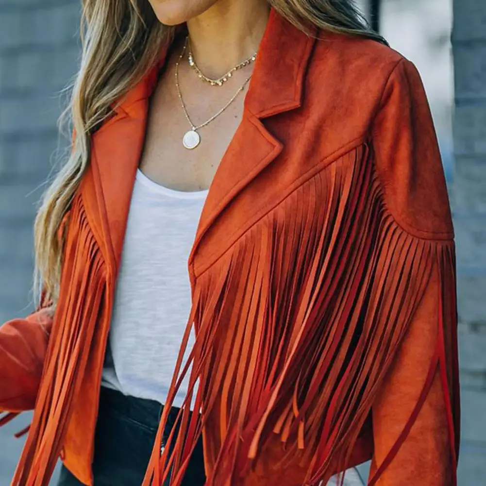 Autumn Women Fringed Hem Tassel Cardigan Crop Tops E girl Motor Biker Jacket Suede Leather Jacket 90s Vintage Streetwear Coa