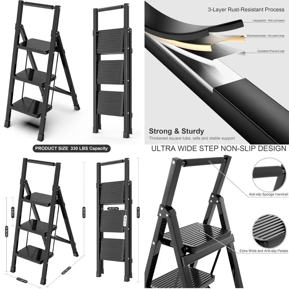 

Складная стремянка с широкими противоскользящими ступеньками, прочная стальная конструкция, мягкая ручка, идеально подходит для взрослых, домашнего использования, черный