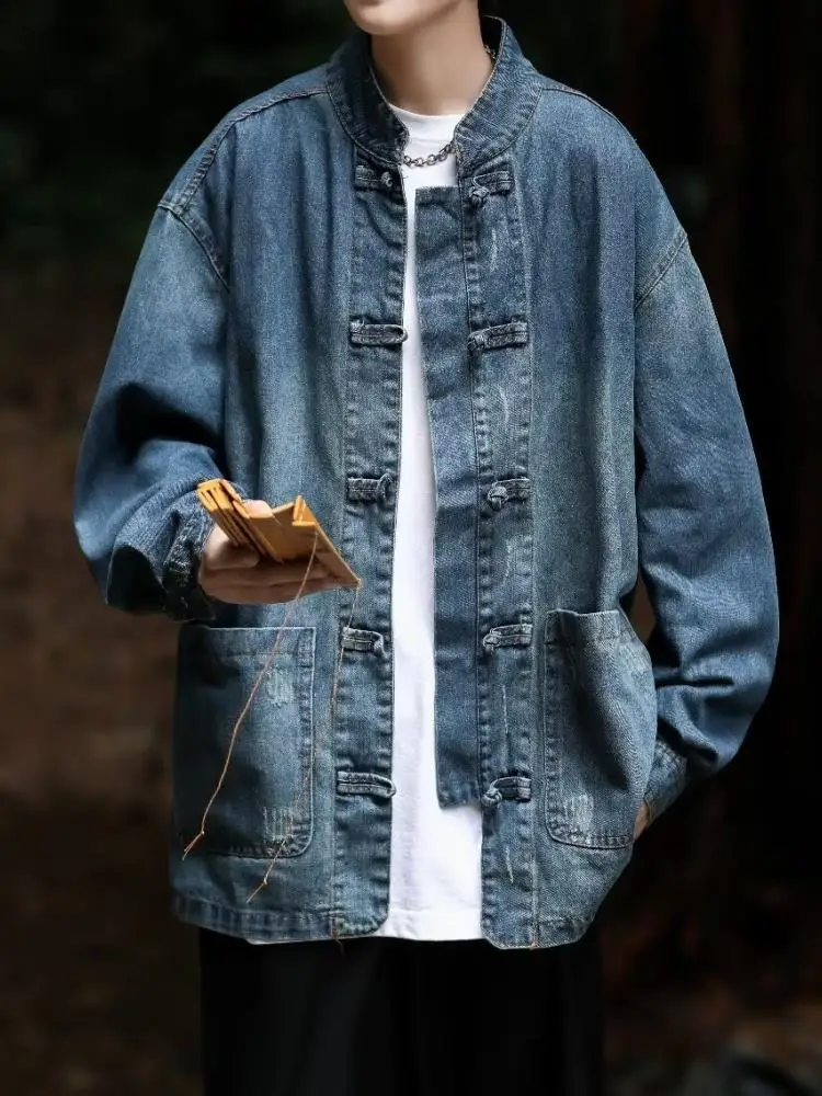 

Waed Denim Jaet Men's Retro Stand Collar Vintage Tang Costume Button Versatile Outerwear Chinese National Trend adient ...