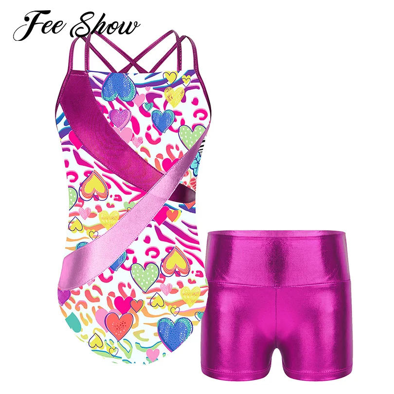 

Kids Girls Gymnastics Dancewear Sleeveless Dance Leotard with High Waist Shorts Ballet Dance Bodysuit Costumes Stage Performance