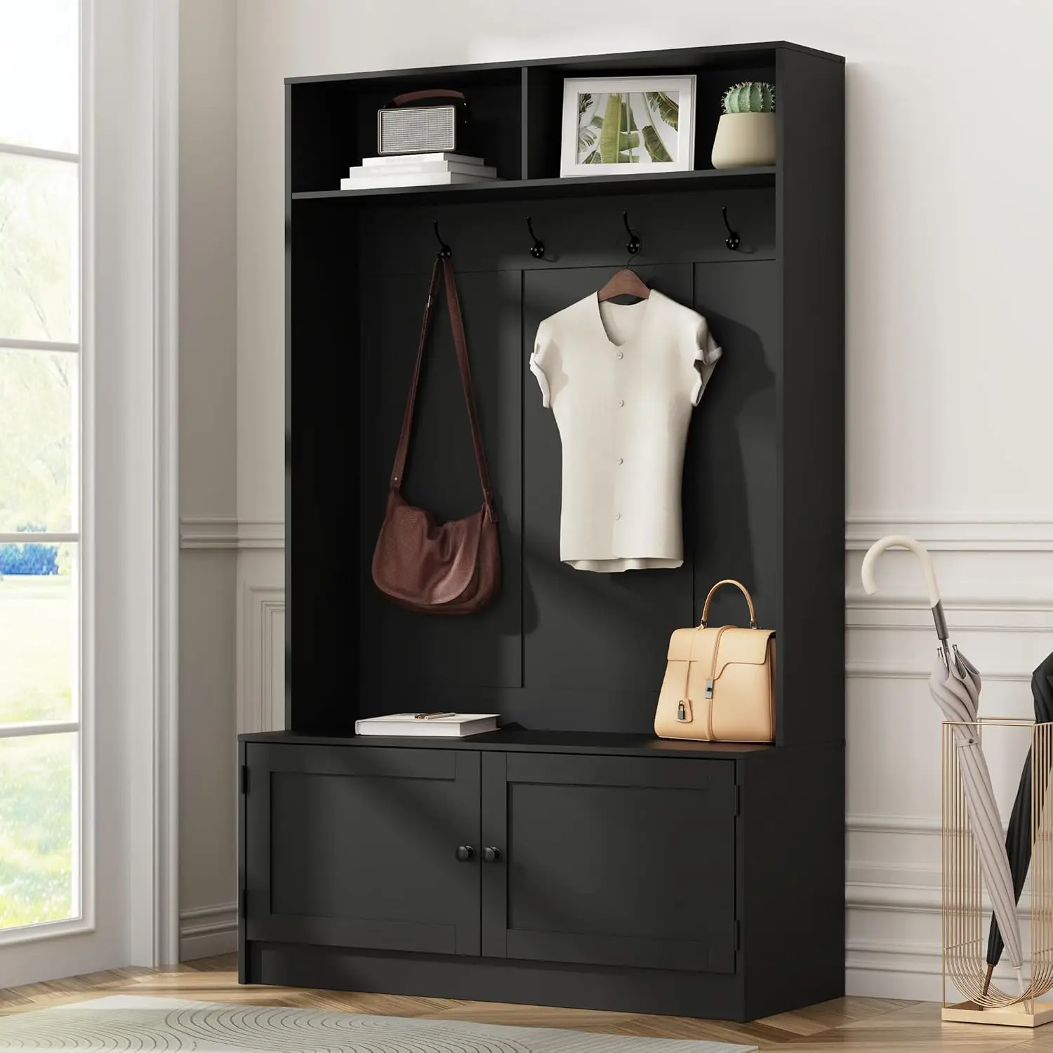 Black Hall Tree with Storage, 70.9