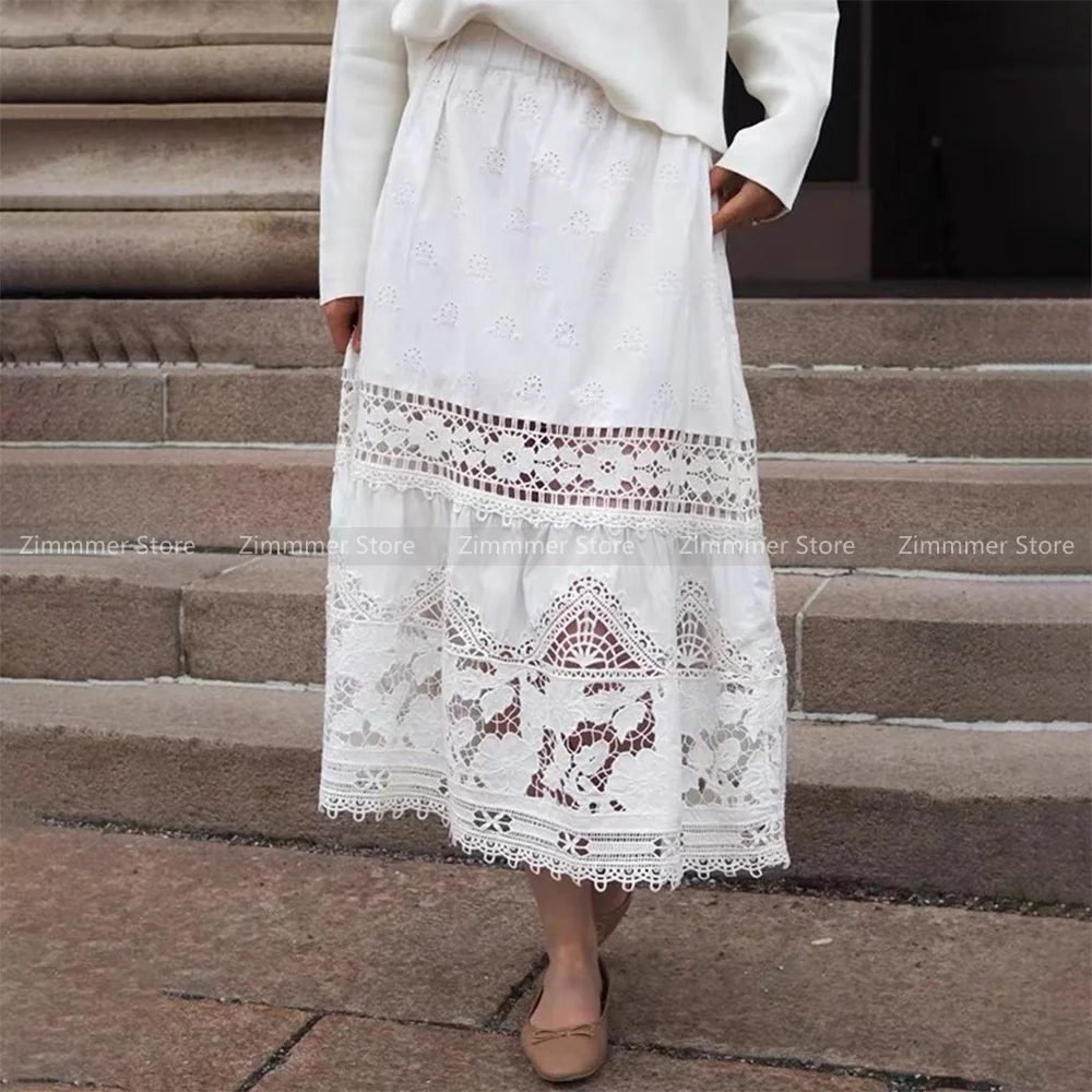 

Niche Heavy Versatile High Waist Hollow Embroidered Flower White Lace Splicing A-line Half-body Skirt