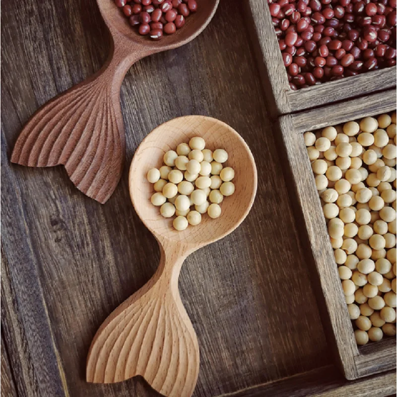 Mermaid Tail Wooden Spoon Coffee Bean Spoon Household Hand Carved Japanese Creative Products