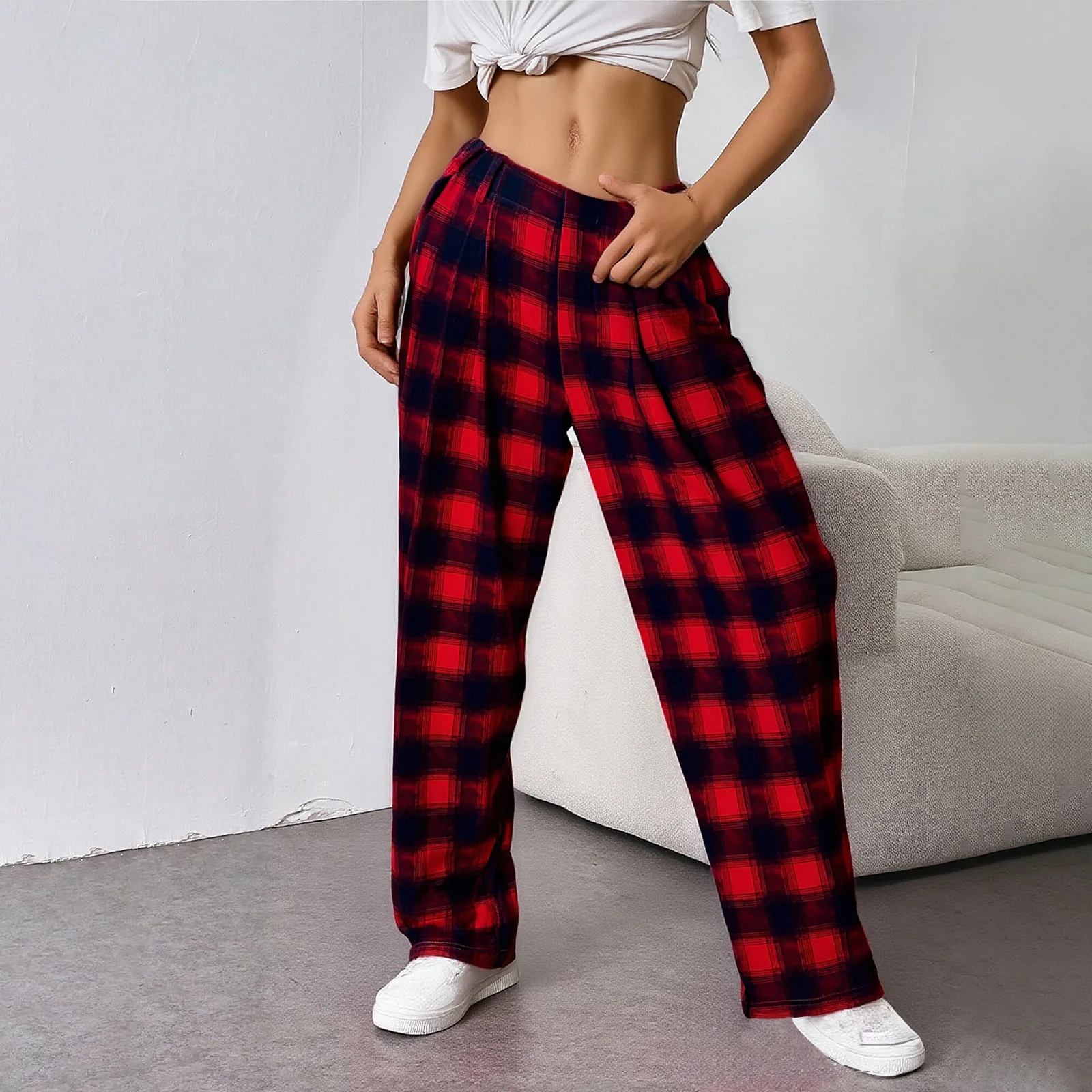 سراويل نسائية كاجوال واسعة الساق بخصر عالٍ منقوشة ومطبوعة بطيات أمامية سراويل فضفاضة