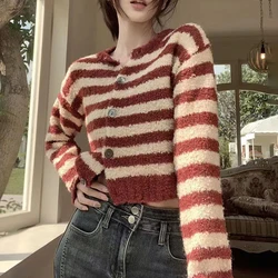 Striped Knit Women Fashion Printed Cardigan Long Sleeve Sweet Vintage Casual Female Outwear Tops