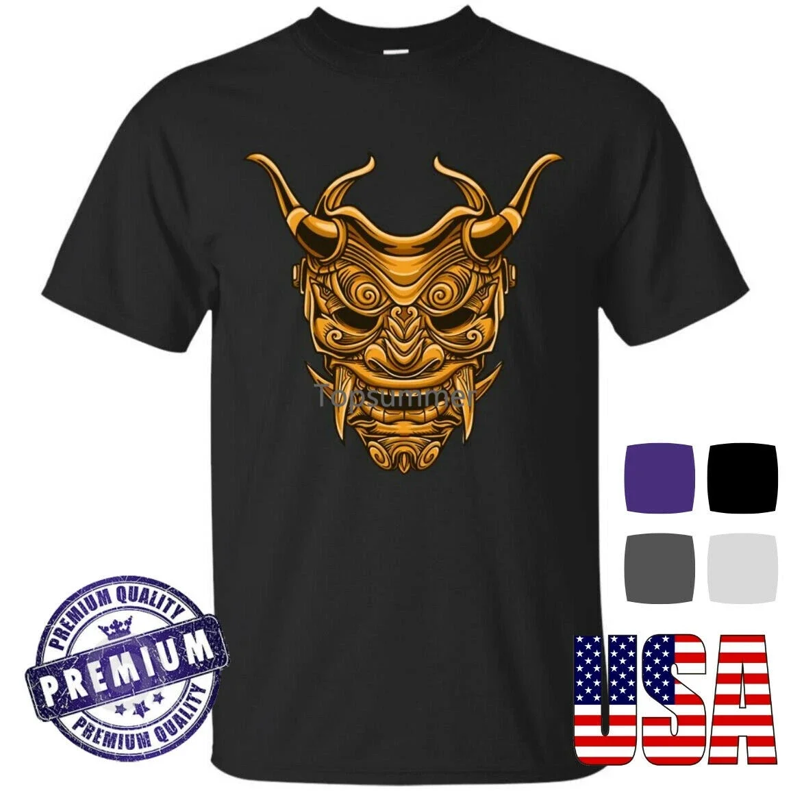 

Golden Devil Samurai Mask Mens T Shirt Guys Punk Japan Yakuza Ronin Clothing Tee