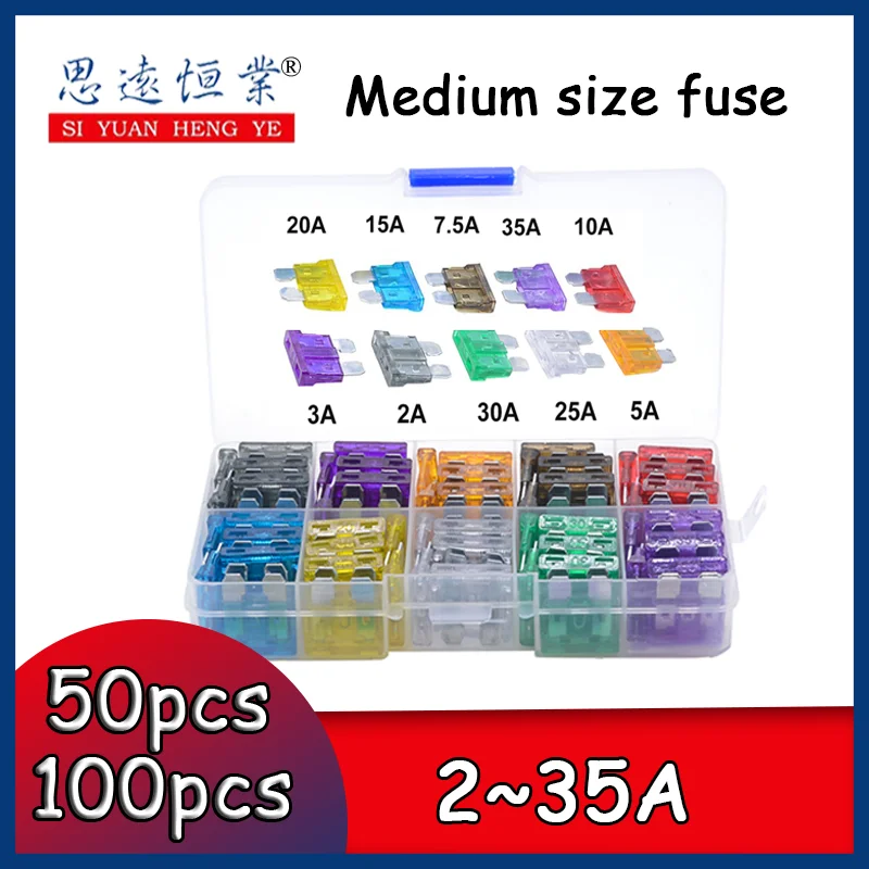 

50/100pcs/box Car Auto Medium Size Standard Blade Fuse Box Plastic Box Assortment with 2A~ 35A Fuses