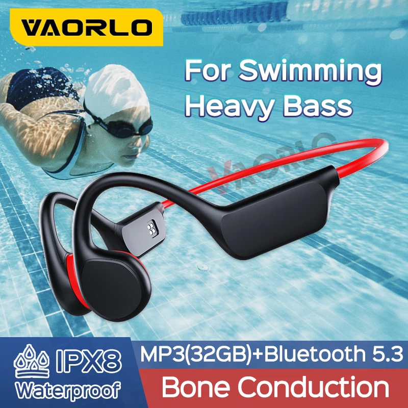 VAORLO IPX8 Waterproof Bone Conduction Headphones Bluetooth 5.3 Wireless Swimming Hifi Headset 32GB MP3 Sport Handsfree With Mic