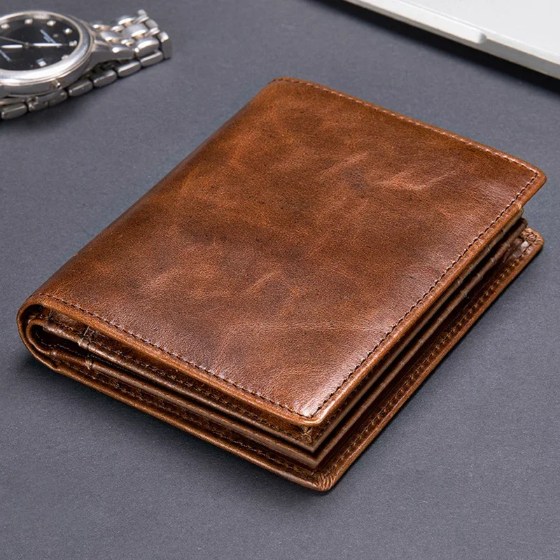 Men's Cowhide RFID Genuine Leather Short Top Layer Card Holder Small Bag Business Bank ID Cash Purse Gifts Black Brown Wallet