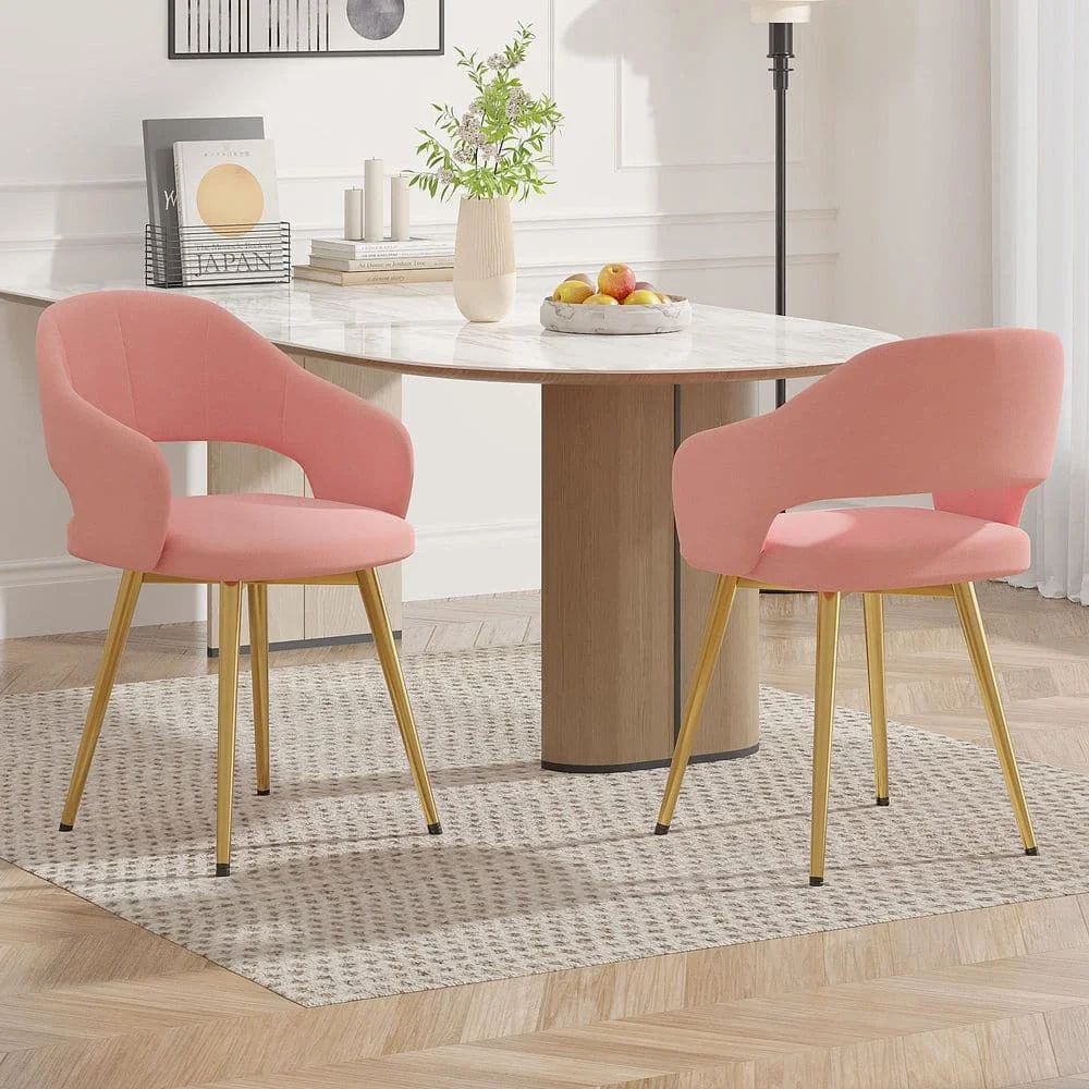 Elegant Pink Velvet Dining Chairs with Gold Metal Legs - Modern Upholstered Dining Room Chairs, (Set of 2)