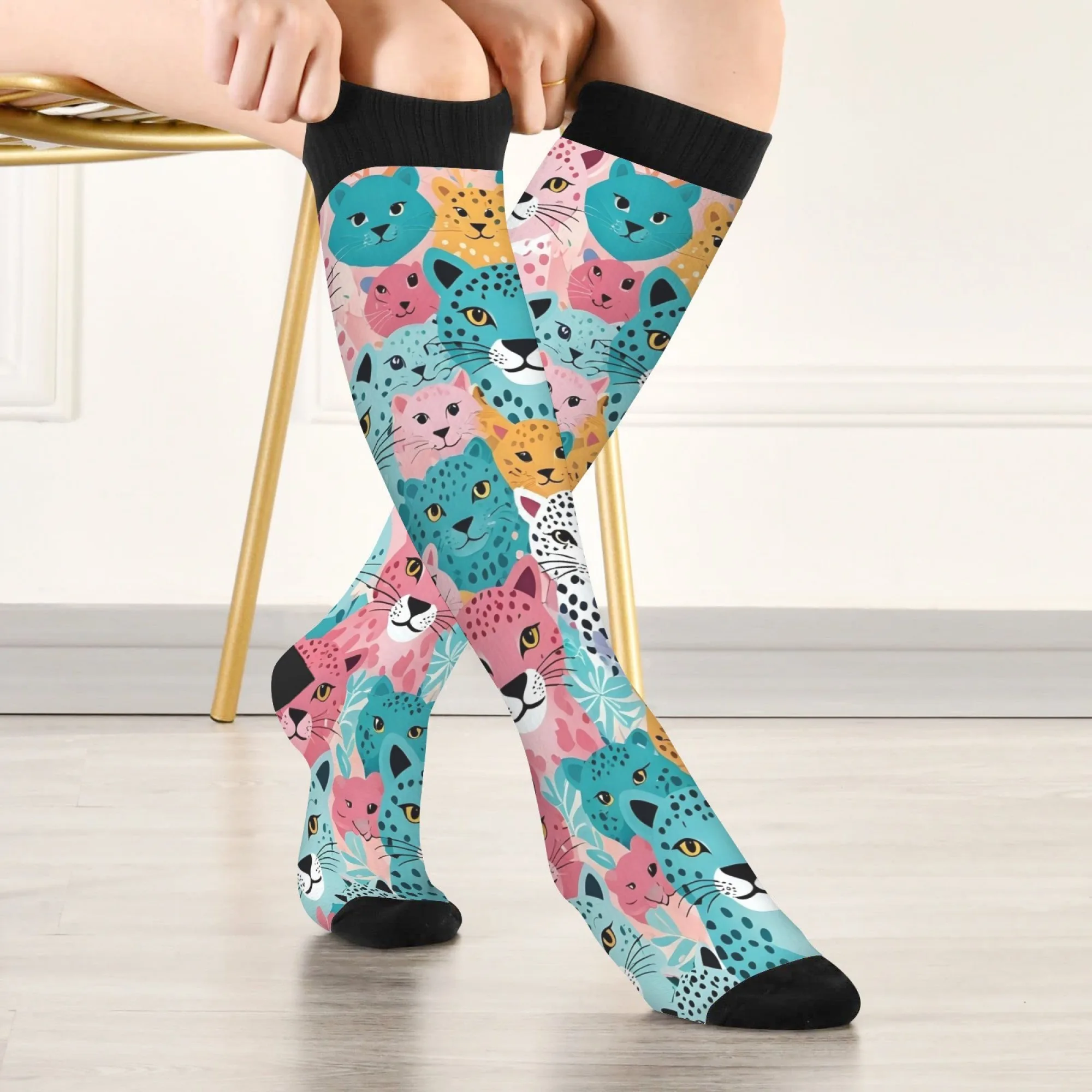 جوارب للركبة على شكل نمر كرتوني بألوان برية، نمط شارع عصري حضري، جوارب ضغط مريحة للرجال والنساء