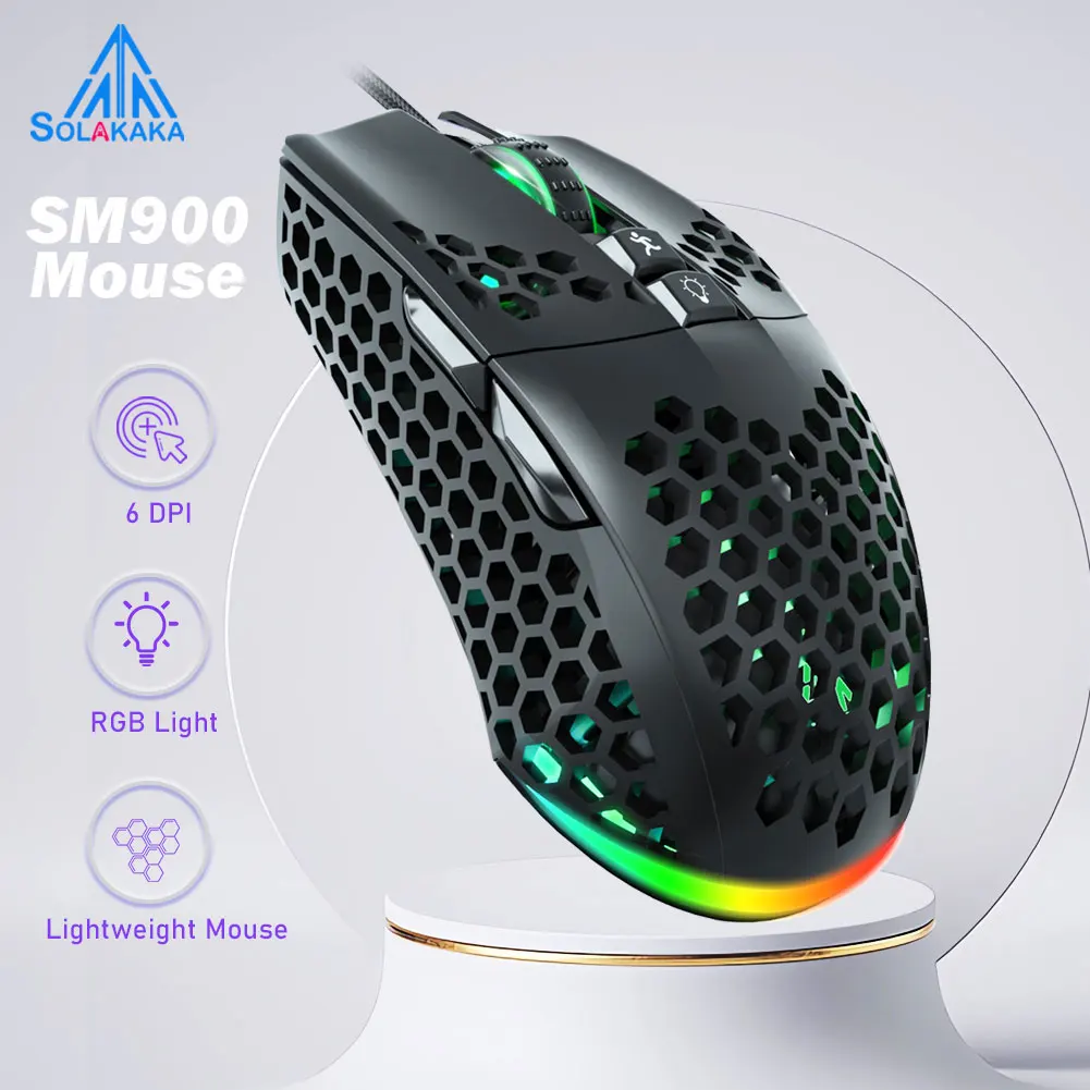 SM900 Wired Gaming Mouse Low Latency 12800 DPI 7 Buttons Macro Software Honeycomb Mice for PC Laptop