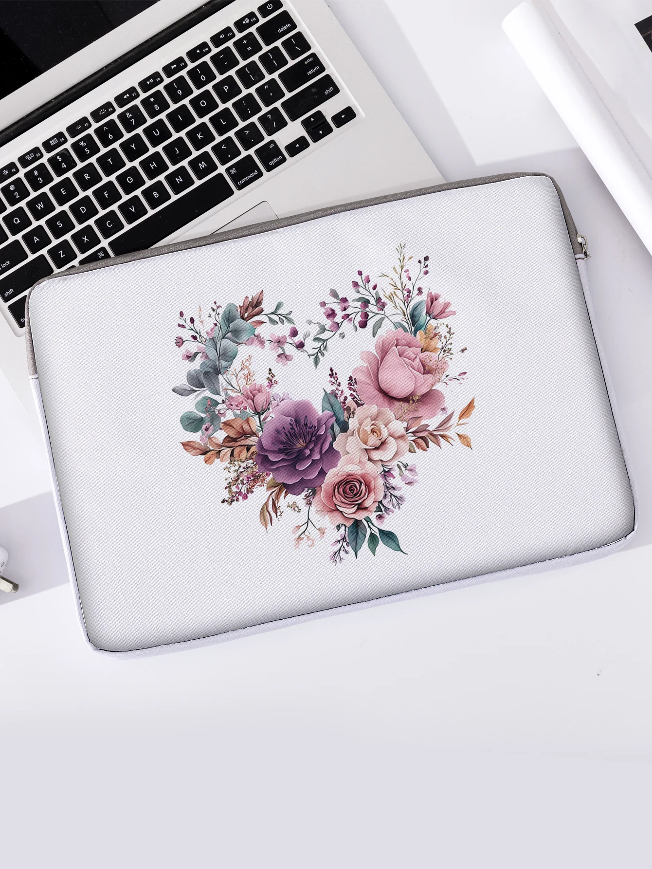 One Set, Two Styles, Purple Pink Rose Floral Pattern Printed Laptop Sleeve, Briefcase, Suitable for 14-inch Laptops