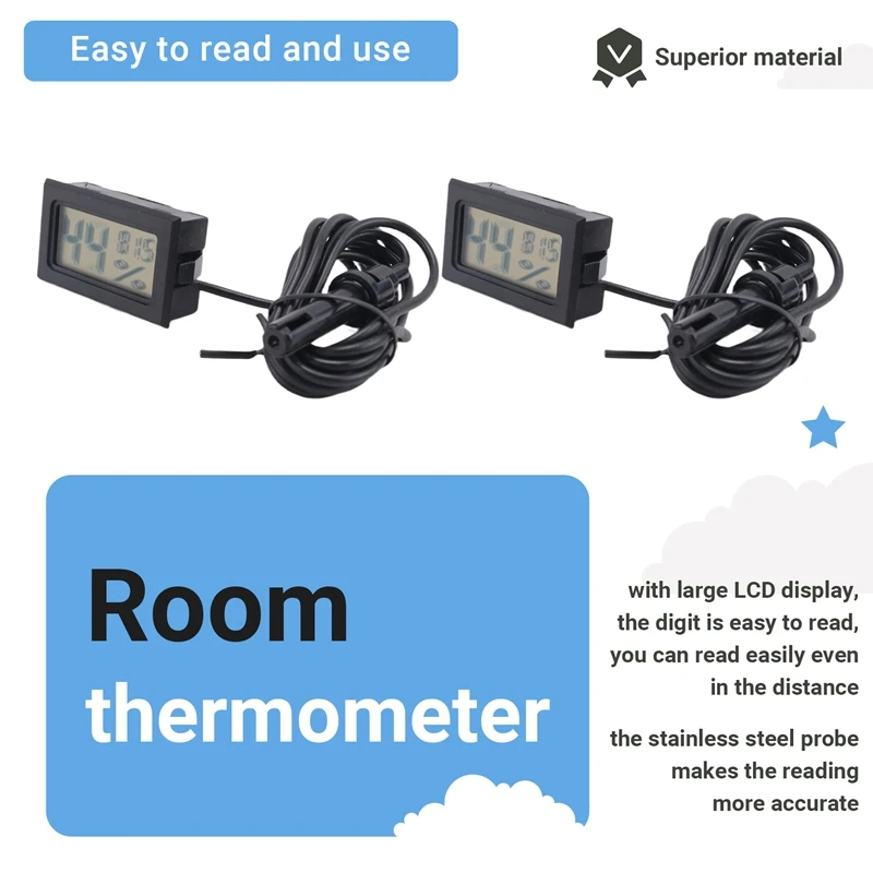 ABDE-Digital Thermometer Hygrometer With Probe Indoor Temperature Humidity Meter Hygrometer Gauge For Incubator Reptile Plant