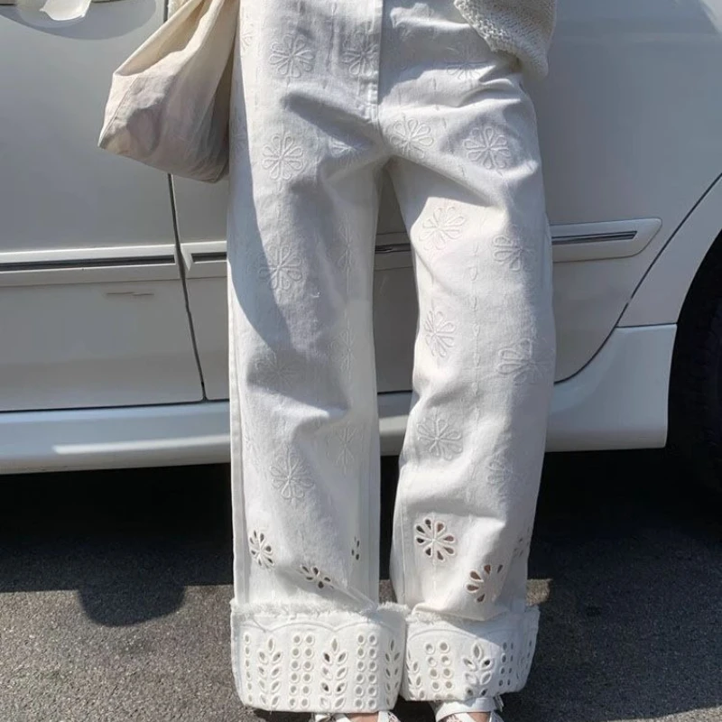 

Y2k Women Spring Autumn Jeans Pants Print Straight Embroidery Lace Skeleton Zipper New Retro Elegant Simple Luxury Brand Casual