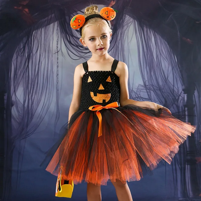 Zestaw ubrań dla dziewczynek śliczna Halloweenowa sukienka w kształcie dyni księżniczka Tutu Halloween dziecięca moda Cosplay strój występ na scenie