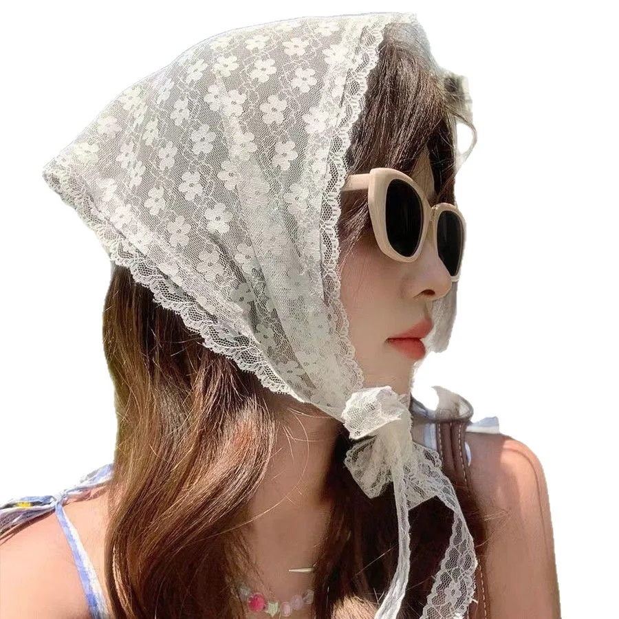 1PC triangle Lace scarf white sweet Lace Turban Headscarf Travel Photo Headband Hair Accessories Suitable Ladies Girls view 6