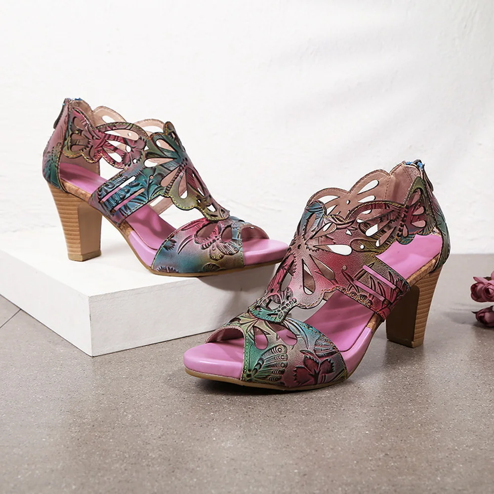 

Cowhide Real Leather High Heeled Sandals,Vintage Iridescent Color Summer Shoes,Back Zip,Peep Toe,Size 36-42,Purple,Green,Yellow