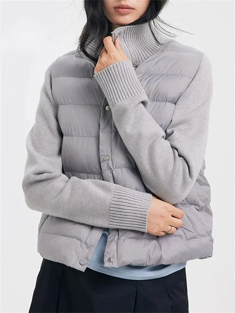 

Streetwear Cotton-Padded Jacket Autumn Winter Warm Knit Full Sleeve Splice Coat Simple Casual Commute Ladies Outerwear