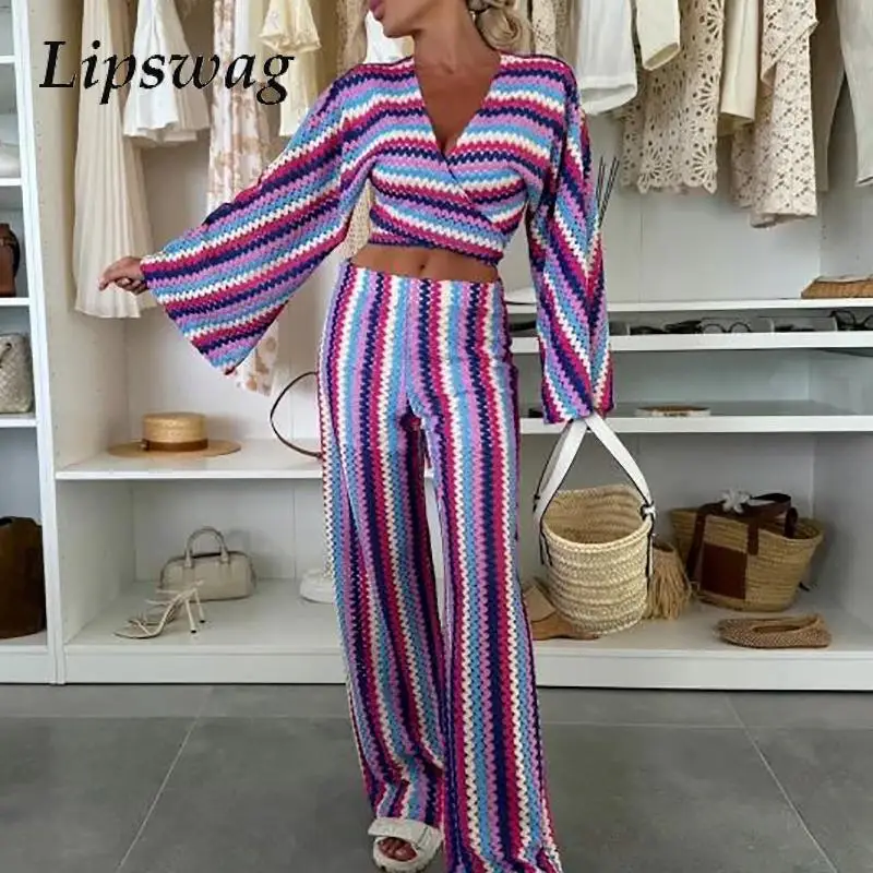 

Sexy V-neck Long Sleeve Top & Long Pant Party Suit Elegant Lace-up Vacation 2Pc Outfits Fashion Striped Print Beach Holiday Set