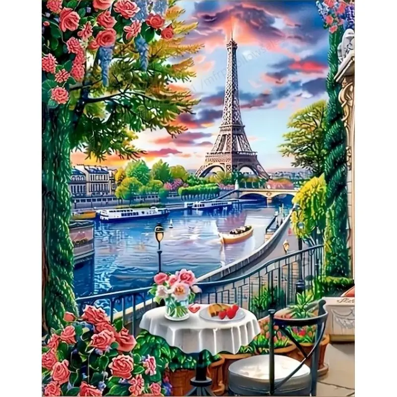 

SDOYUNO 5D Diamond Painting Balcony Landscape Kits DIY Diamond Mosaic Tower River Scenery Picture of Rhinestones Embroidery Hand