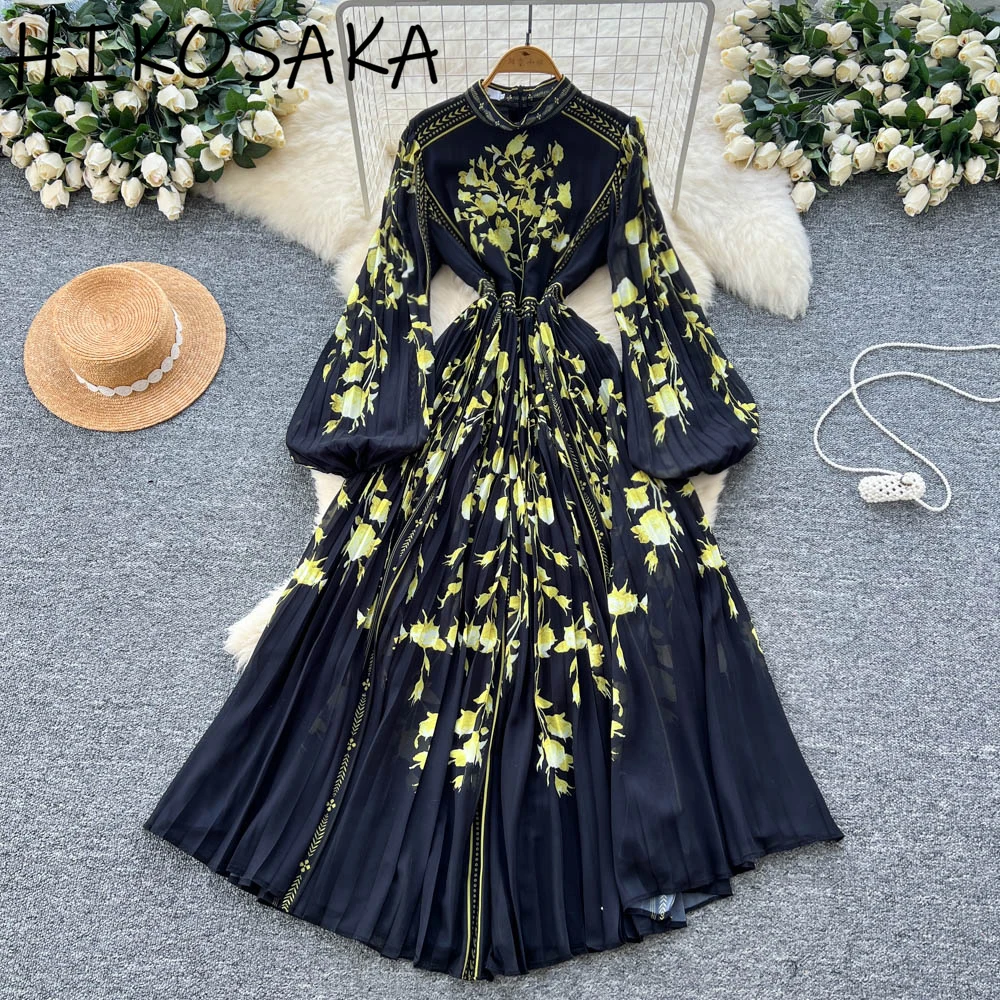 

Europe Court Style Vintage Elegant Stand Collar Dress Fashion Positioning Print Slim Lantern Sleeve Vestidos Moda Pleated Robe