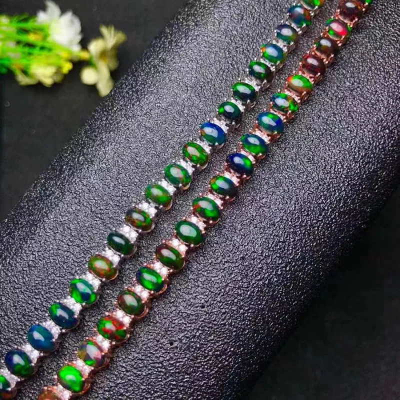 Gemicro Natural Australian Black Opal Bracelet 25pcs 4*6mm Gemstone Bracelets for Women Premium Engagement Wedding Jewelry Gifts