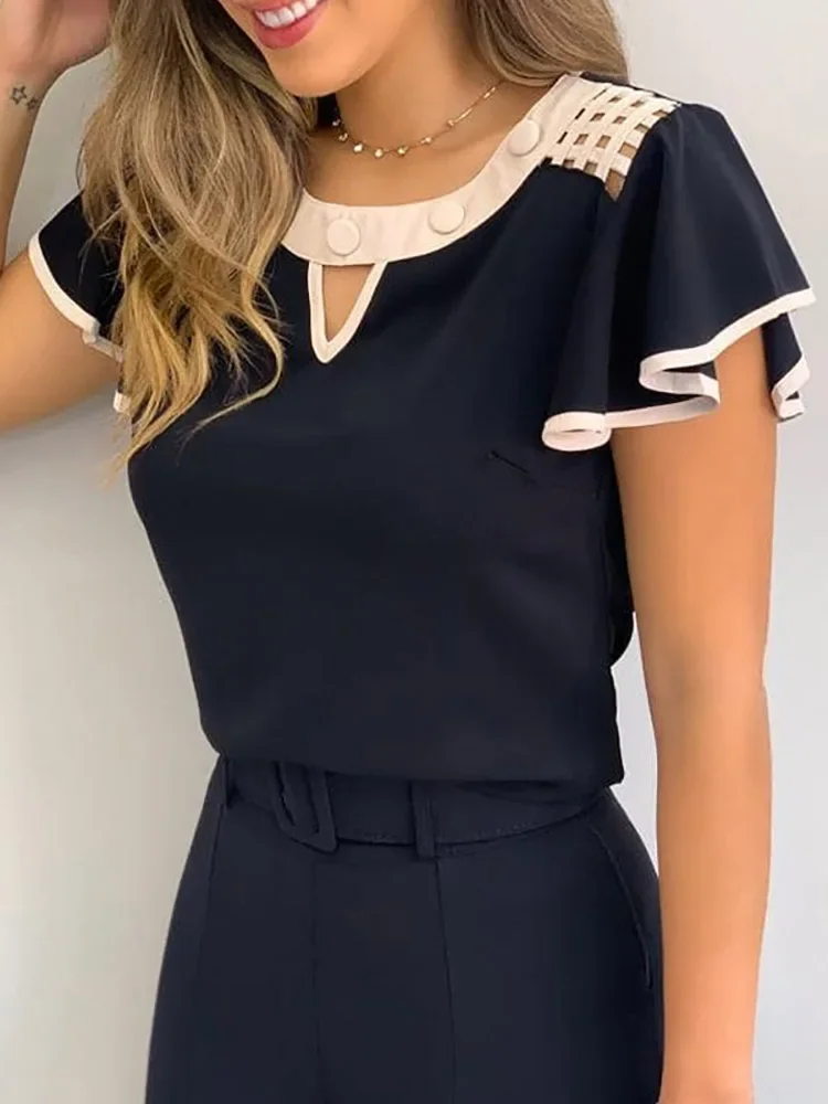 

Hollow Out Sexy Lace Blouse Elegant Butterfly Sleeve Solid Blouse Shirt Office Lady O Neck Ruffles Patchwork Blusas Tops S-5XL