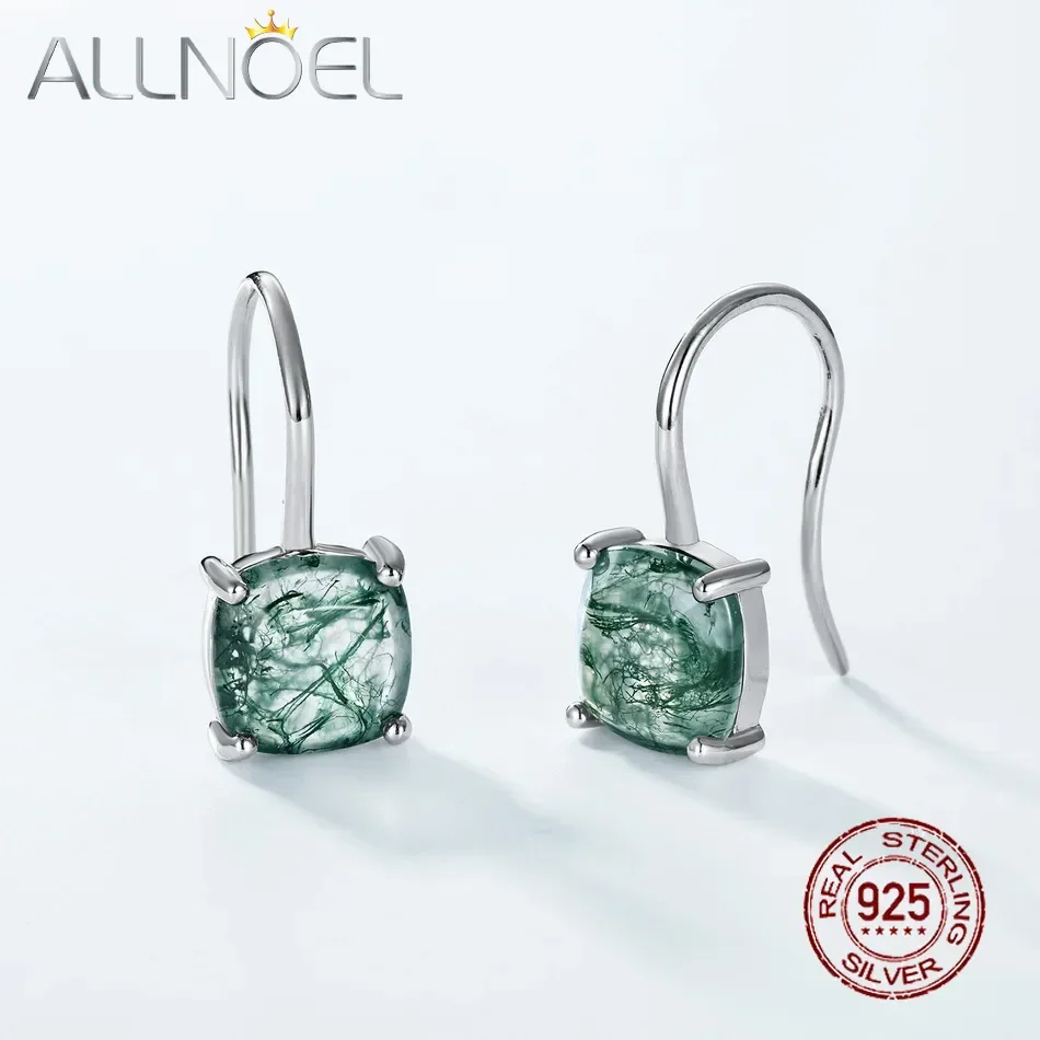 

ALLNOEL 925 Sterling Silver Dangle Earrings for Women Natural 8*8mm Moss Agate Classic Fine Jewelry Anniversary Gifts Hook Ear