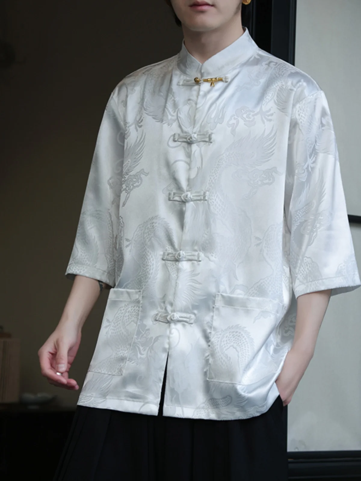 

Ice Silk Casual Loose Short Sleeve Shirt Men's Stand Collar Button up Summer New Chinese Style Half Sleeve Tang Costume Hanfu