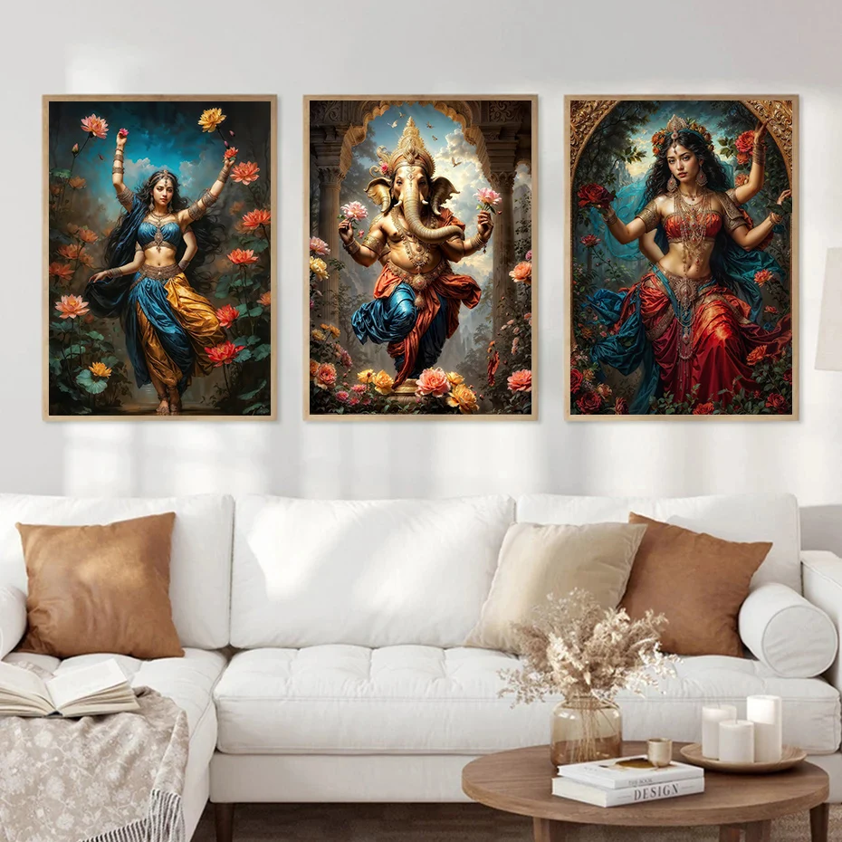 Modern Indian Goddess Lakshmi in Lotus Garden Lord Shiva Buddha Canvas Painting Poster Prints Home Bedroom Living Room Decor