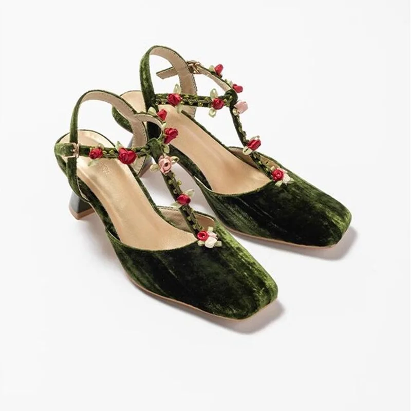Vintage Vine Flowers Square Toe Women Shoes T Strap Green Velvet Low Heels Wedding Evening Party Dress Shoes 6cm