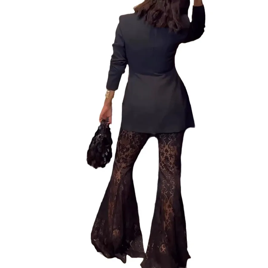 Elegante blazer voor dames, jacquard kanten broeksets, slanke knop, colbert met volledige mouw, lange flare-broek, damesfeestoutfits
