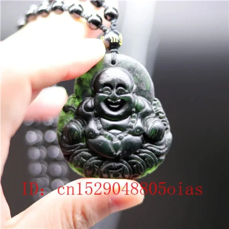 Natural Black Green Jade Maitreya Pendant Beads Necklace Charm Jewelry Obsidian Accessories Carved Buddhism Amulet Gifts for Men