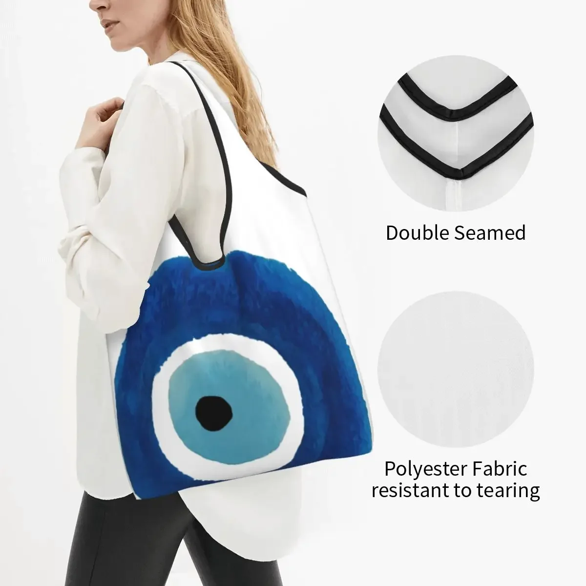 Kawaii Watercolor Evil Eye Nazar Painting Shopping Tote Bags Portable Hamsa Lucky Charm Grocery Shopper Shoulder Bag