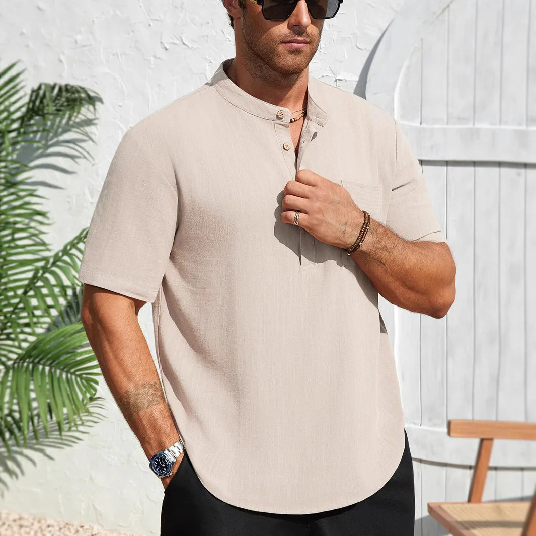 

Summer Men Linen Short Sleeve Shirt Solid Stand Up Collar Casual Loose Top Outdoor Beach Vacation Daily Wear Men's Social Shirt