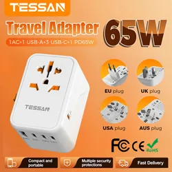 TESSAN 65W GaN Universal Travel Adapter with USB Port Type-C PD Charging All-in-one Travel Adapter EU/UK/USA/AUS Plug for Travel