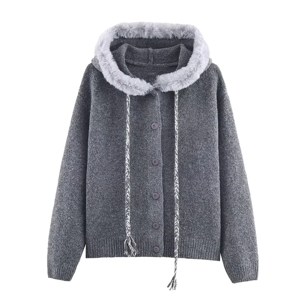 

Korean style fur collar hooded sweater jacket winter new loose age-reducing knitted cardigan super nice
