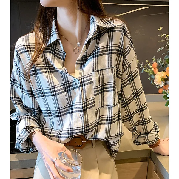 Fashion Women Shirts Vintage Button Tees Plaid Pocket Blouse Sexy Big Large Top Loose Casual Tops Cardigan