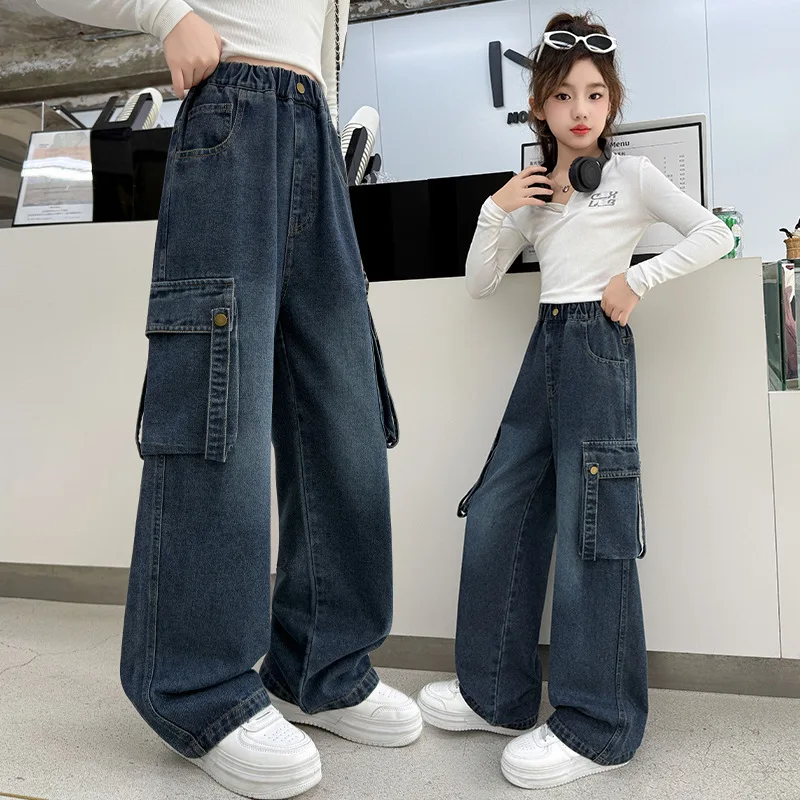 

﻿ Girls Cargo Jeans Straight Leg Loose Wide Leg Pants New Arrival 2025 Autumn Teenage Children's Denim Trousers