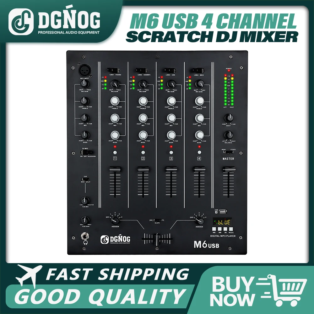 DGNOG M6 USB 4-Channel DJ Mixer with Built-In Audio Interface 3-Band EQ Microphone Input and Replaceable Crossfader for DJ Stage