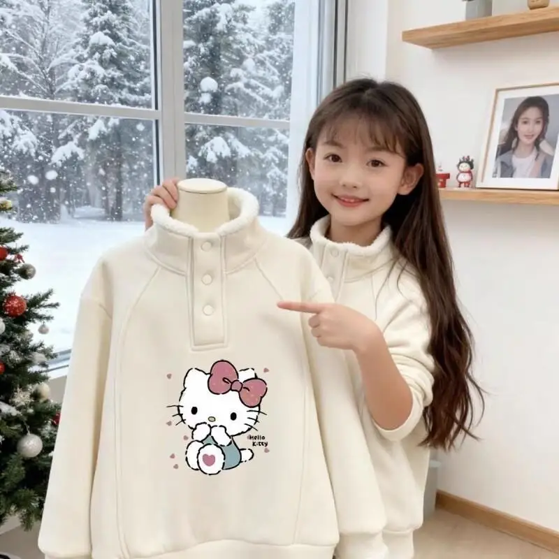 

Sanrio Kitty, повседневная флисовая толстовка на пуговицах для девочек, теплый топ с длинными рукавами и мультяшным принтом для малышей, модная модная одежда