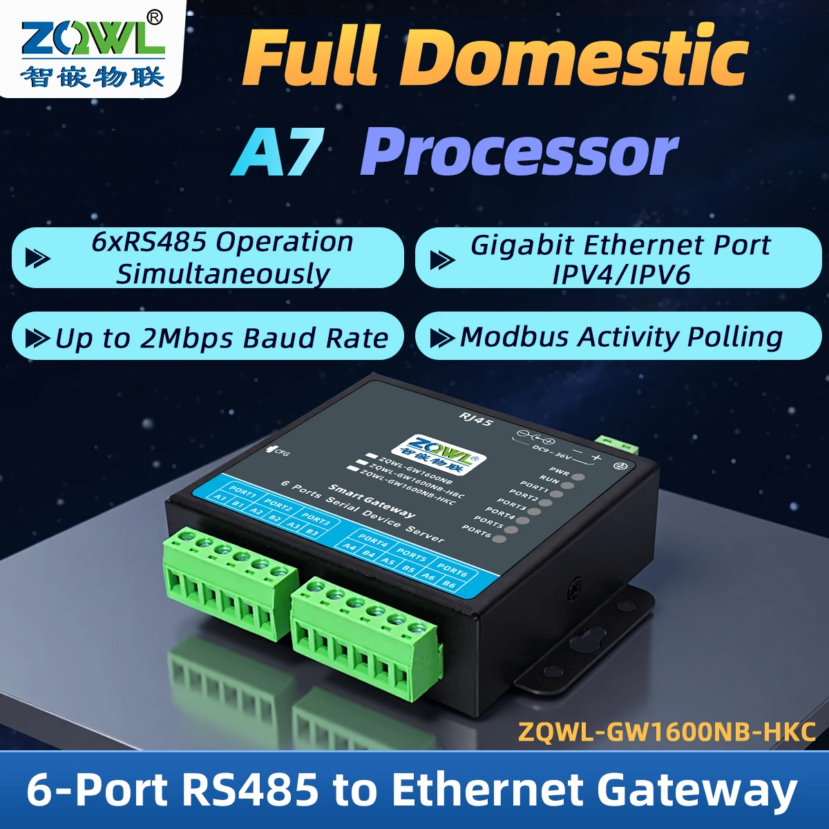 Fully Domestic Gigabit 6-Port RS485 Server MQTT HTTP and Modbus TCP RTU Gateway 64 Clients Per Port