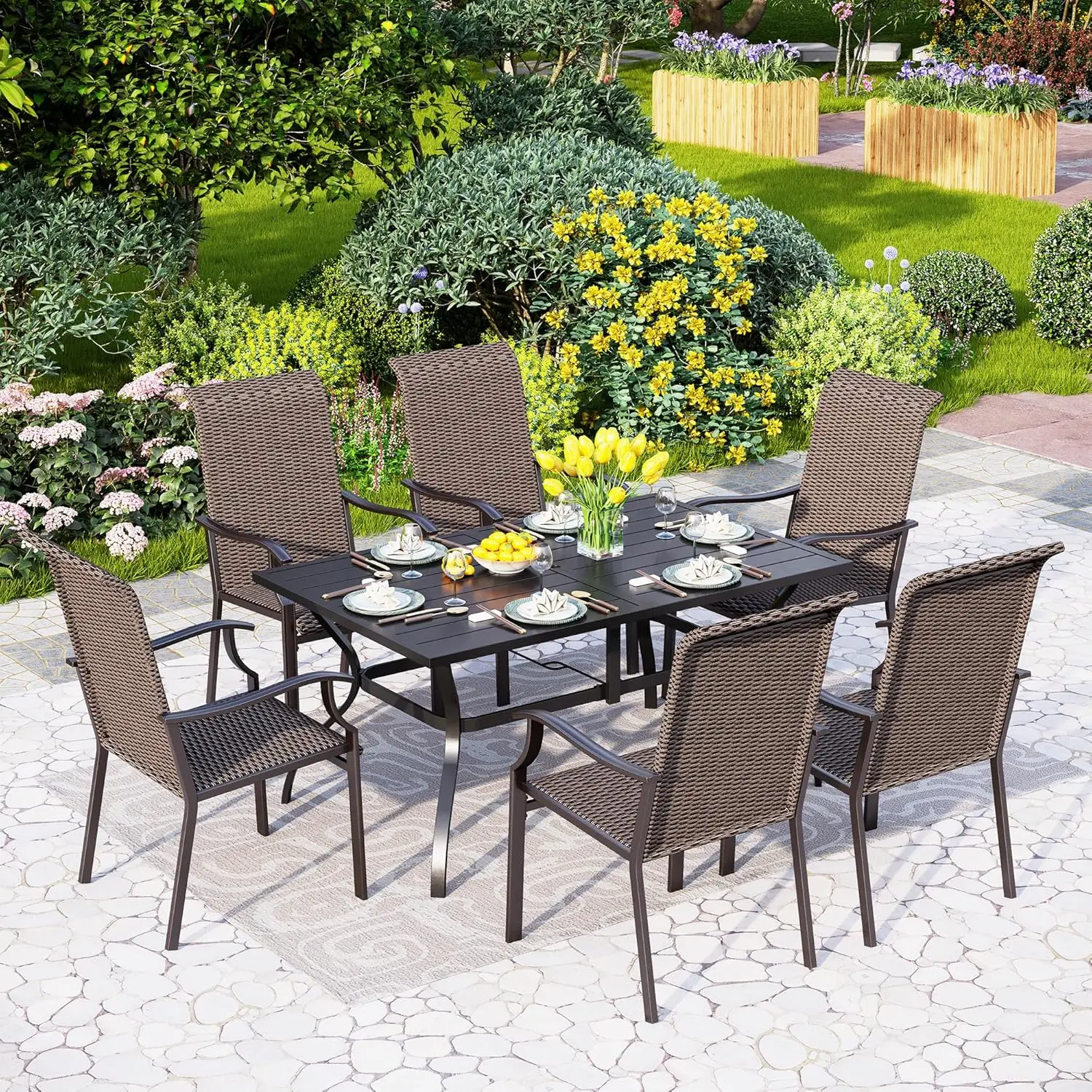 

Outdoor Rattan Dining Chairs Set of 2, Extra Large High Back Wicker Armchairs with Steel Frame