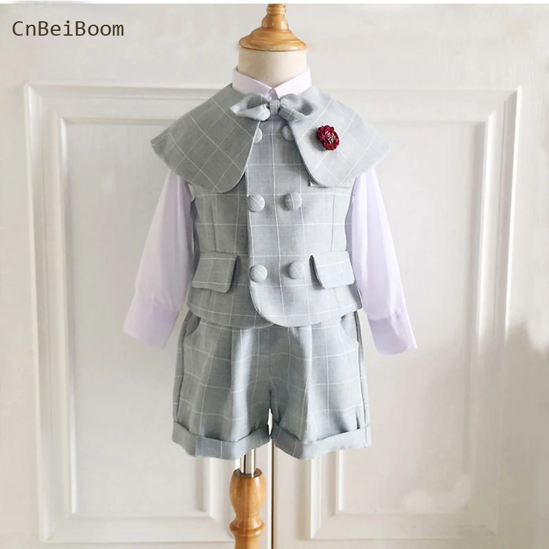 Fashion Baby Boy Suit Clothes Kids Outfits Set Infant Party Birthday Dresses Newborn Costume Shirt +Plaid Vest +Short+shawl +Bow