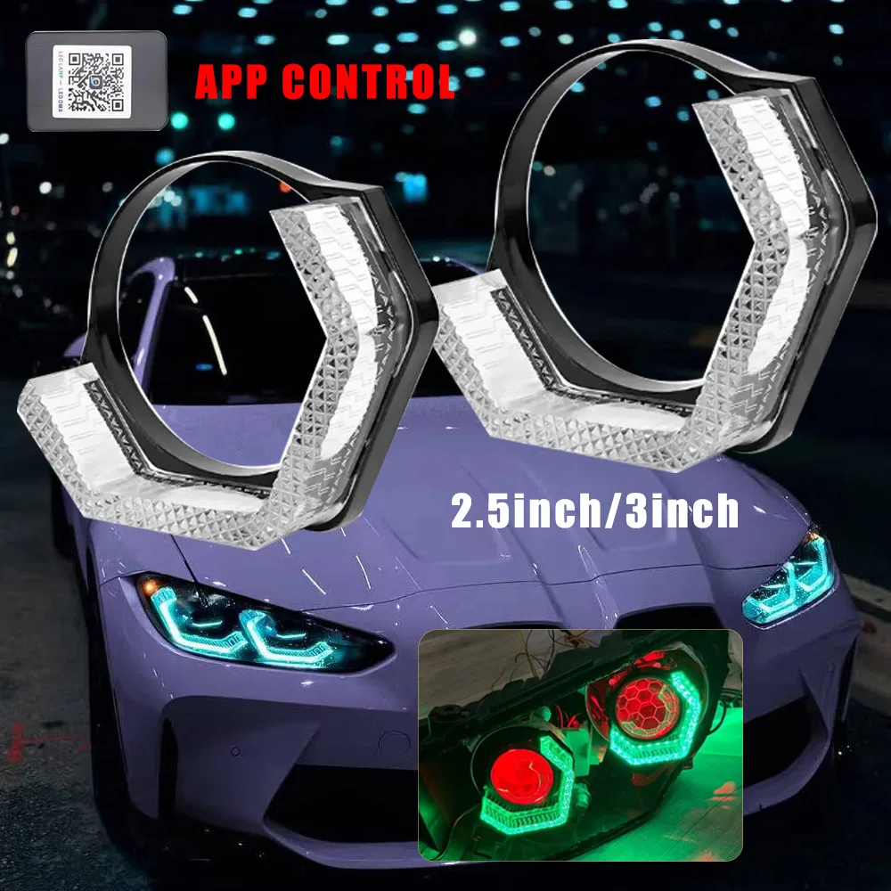2PCS 5D Angel Eye Lens Headlights 2.5/3-inch Hexagonal Personalized Design, Compatible with APP Control RGB Mode and Turn Signal