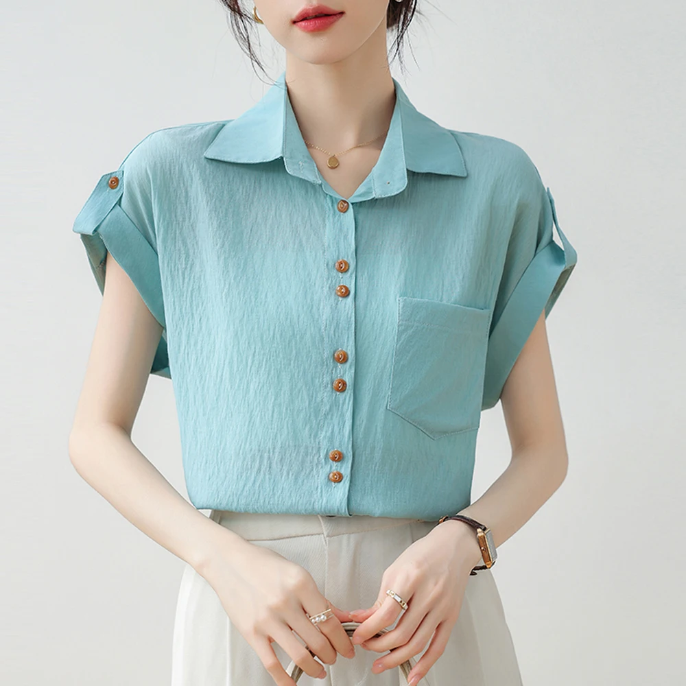 

Women Summer Style Cotton Blouses Shirt Vintage Simple Solid Lady Casual Short Sleeve Turn-down Collar Casual Loose Tops