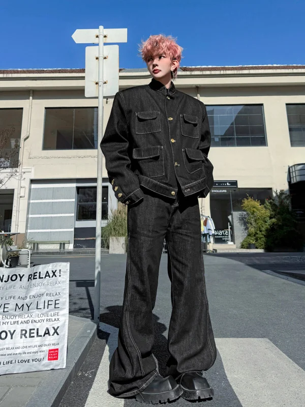 

Комплект TANGZ STUDIO: джинсовая куртка в американском ретро-стиле с золотыми пуговицами и широкие брюки для мужчин, весенняя молодежная мода