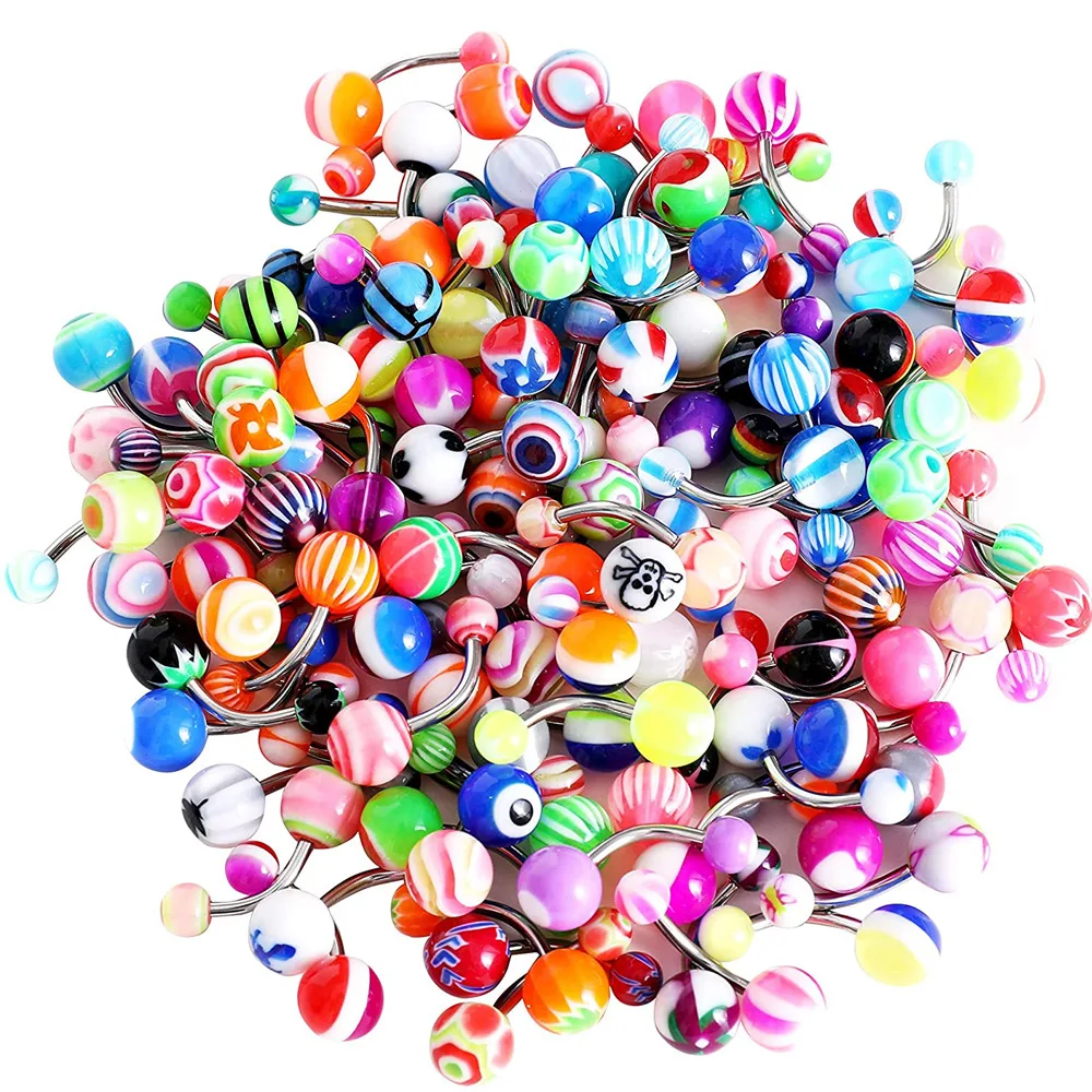 Modisches, mehrfarbiges Acryl-Edelstahl-Bauchnabelpiercing für Frauen und Mädchen, 30/50 Stück, Ombligo-Piercing, Körperschmuck – Detail 2